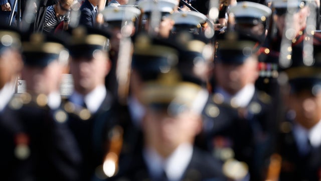 Troops at a military ceremony at the Pentagon 