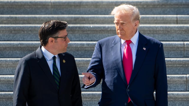 Speaker of the House Mike Johnson, left, speaks with President Trump on the House steps following the annual Friends of Ireland luncheon in the U.S. Capitol on Wednesday, March 12, 2025. 