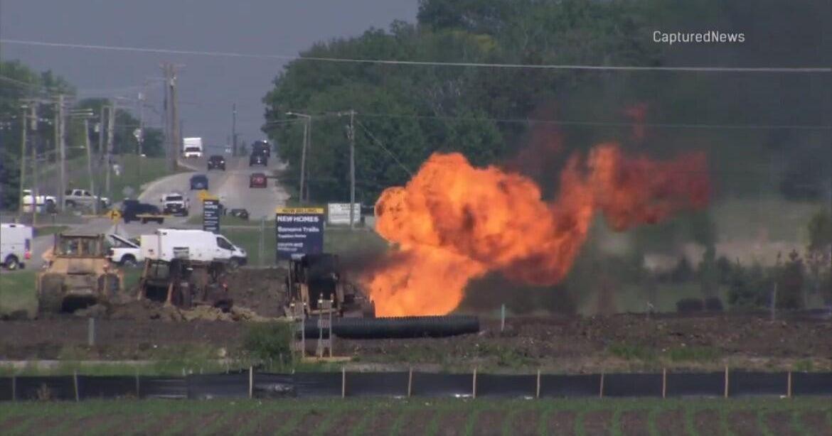 Fire burns for hours after construction crews rupture gas main in Oswego 