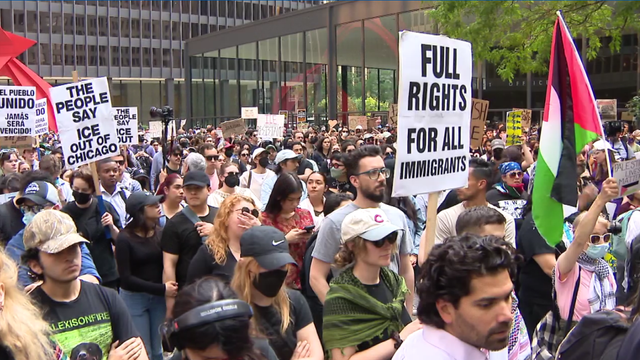 Anti-ICE protesters gather at a rally at Federal Plaza in downtown Chicago on Tuesday, June 10, 2025. 
